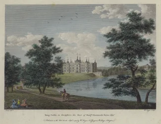Tong Castle, Shropshire, de zetel van Benjamin Channock Payne (gekleurde gravure)