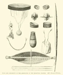 Gereedschappen en ornamenten van de inboorlingen van de Marquesaseilanden, na Dumont D
