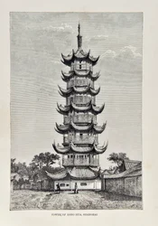 Toren van Long Hua, Shanghai, illustratie uit The Universal Geography, the Earth and its inhabitants, uitgegeven 1878