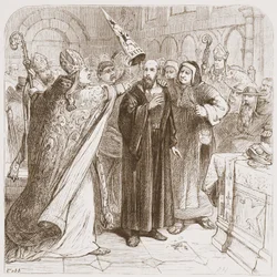 Proces van Hus: Degradatie van de martelaar, illustratie uit The History of Protestantism door James Aitken Wylie (1808-1890), gepubliceerd 1878