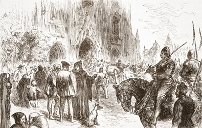 Proces van Jerome: wachtend op het vonnis, illustratie uit De Geschiedenis van het Protestantisme door James Aitken Wylie, 1878