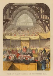 Proces van Warren Hastings in Westminster Hall (gekleurde gravure)