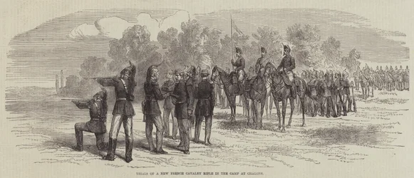 Proeven van een nieuw Frans cavaleriegeweer in het kamp van Chalons (gravure)