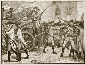 Troepen begeleiden het gestempelde papier naar het stadhuis, New York, 1766, illustratie uit Cassells Illustrated History of England