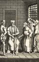Twee Spaanse monniken praten met meneer Bradford, illustratie uit Foxes Martelaren ca. 1703