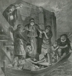 Tycho Brahe vaart weg van zijn eiland in de duisternis van de nacht