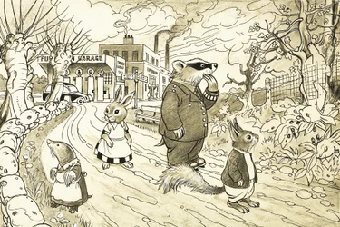 Ongeïdentificeerde cartoon dieren, waaronder eekhoorn, das, mol en konijn