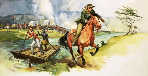 Ongeïdentificeerde cowboy rijdt weg van de rivier met Engelse soldaten onder vuur op de andere oever