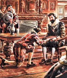 Onbekende man knielt en overhandigt pakket aan koning