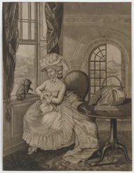 Zonder titel (vrouw zittend bij een raam kijkend naar een kleine hond), ca.1780
