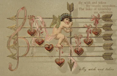 Valentijnskaart met Cupido, pijl en muzieknoten