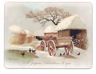 Victoriaanse kerstkaart van eenden en kippen bij een vijver op een boerenerf, ca. 1880