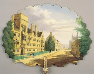 Victoriaans scherm, met een scène van Wadham College, Oxford met de Bodleian Library en Hertford College op de achtergrond (papier-maché)