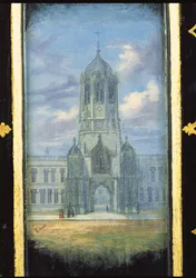 Victoriaans naaikastpaneel versierd met een scène van Christ Church, Oxford (papier-maché)
