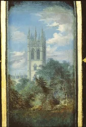 Victoriaans naaikastpaneel versierd met een scène van Magdalen College, Oxford (papier-maché)