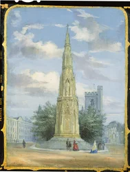 Victoriaans naaikastpaneel versierd met een scène van het Martyrs Memorial, Oxford (papier-maché)