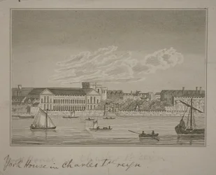Uitzicht naar het noorden over de rivier de Theems, kijkend naar York House en York Buildings