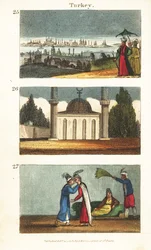 Uitzicht op Constantinopel (Istanbul) in het begin van de 19e eeuw 25, Moslimmoskee met koepel en minaretten 26, en jonge Griekse vrouwen die elkaar op de ogen kussen 27