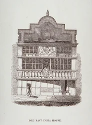 Uitzicht op East India House, met figuur op de voorgrond, ca. 1700