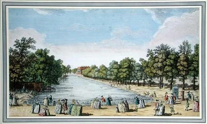 Uitzicht op formele tuinen met een meer, waarschijnlijk de Long Water bij Hampton Court