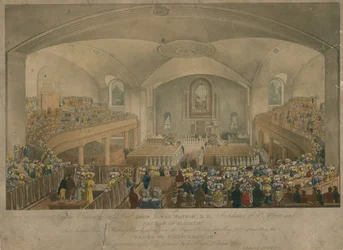 Uitzicht op de kerk van Hackney genomen vanuit de orgelgalerij in mei 1827