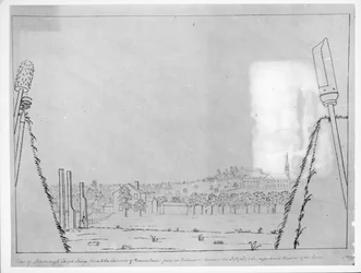 Uitzicht op Roxborough Church, Kings Arms en de schoorstenen van Browns House, vanuit een schietgat tussen de sally port en het rechter bastion van de linies, 1776