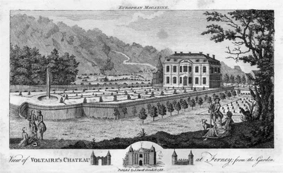 Uitzicht op het kasteel van Voltaire in Ferney, vanuit de tuin, pub. 1786