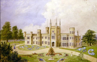 Uitzicht op een landhuis in gotische stijl met een formele tuin, ca. 1840