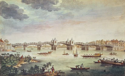 Uitzicht op de brug over de Theems bij Hampton Court, gegraveerd door John Bowles (fl. 1724-56)