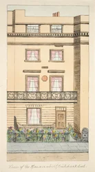 Uitzicht op het huis waarin George Cruikshank stierf, pub. c.1878 (handgekleurde gravure)