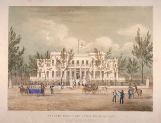 Uitzicht op het Zeemanshuis aan East India Dock Road, Poplar, Londen, 1841