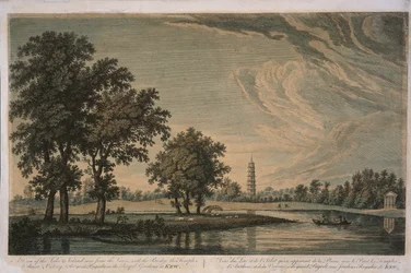 Uitzicht op het meer en eiland in de Koninklijke Botanische Tuinen Kew