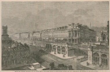 Uitzicht op de voorgestelde hooggelegen weg of viaduct van St. Sepulchres Kerk naar Hatton Gardens
