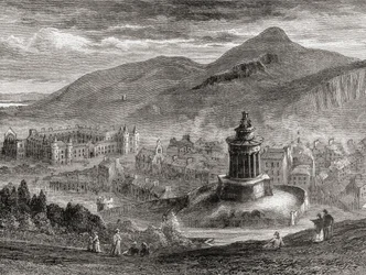 Uitzicht over Edinburgh vanaf het Burns Monument op Calton Hill, uit 