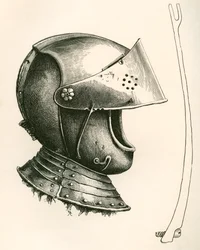Helm met vizier daterend uit ca. 1643. Het stuk aan de zijkant is de viziersteun, op ware grootte, gebruikt om het vizier op verschillende hoeken te houden volgens de gebruikte inkeping, uit The British Army: Its Origins, Progress and Equipment, gepublicee