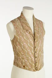 Wit, beige en oranje vest met geweven fluweel en brokaat, ca. 1850