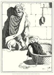 Wachten op werk, met een grote mand voor hem (gravure)