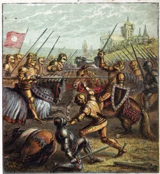 Oorlog van de Twee Rozen (1455-1485); Slag bij Tewkesbury (4 mei 1471). Illustratie van de Engelse Burgeroorlog ontstaan door de verdeling van de opvolgers van koning Edward III (1327-1377) in twee takken. Slag bij Tewkesbury: de laatste slag in de oorlog 