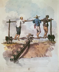 Het rijstveld water geven met een kettingpomp