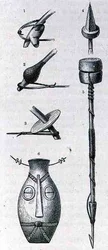 Wapens, amulet en harpoen uit Manyema, uit De Geschiedenis van de Mensheid, Vol.III, door Prof. Friedrich Ratzel, 1898