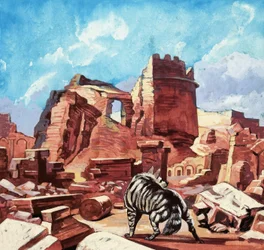 Wilde hond tussen de ruïnes