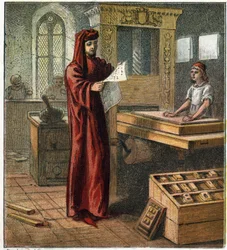 William Caxton (1422-1491), eerste Engelse drukker, in zijn werkplaats met een drukpers. William Caxton, de eerste Engelse drukker.