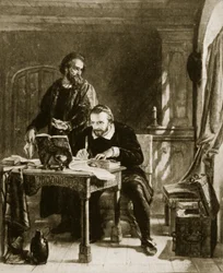 William Tyndale vertaalt het Nieuwe Testament, illustratie uit Hutchinsons Story of the British Nation, ca. 1923