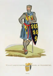 Willem de Longespée, 3e Graaf van Salisbury (gest.1226) 1224, gegraveerd door W. Maddocks, uit Oud Wapenrusting door Samuel Rush Meyrick, 1824