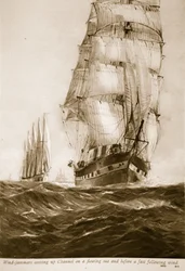 Windjammers die het Kanaal opkomen op een stromende zee en voor een snelle achterwind