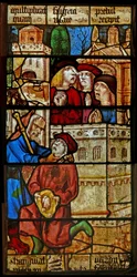 Raam SaEw met een scène uit een legende van St. Nicolaas: de duivel wurgt een jongen die hem voedsel aanbood op St. Nicolaasdag