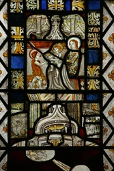 Raam met afbeelding van een herstelde jeugdscène van St. Johannes de Doper
