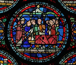 Een scène uit een St. Thomas Becket wonderraam: De begrafenis van Gilbert de Brun (?)