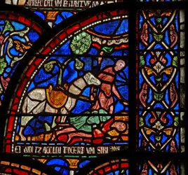 Een scène uit een St. Thomas Becket wonderraam: William van Gloucester wordt begraven maar zijn stem wordt gehoord