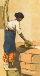 Vrouw haalt water uit een put in Sri Lanka (kleurenlitho)